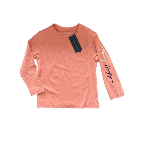 Tommy Hilfiger Kids Long Sleeve Signature Logo T-Shirt‎ Coral Cotton Size 4 - Picture 1 of 3